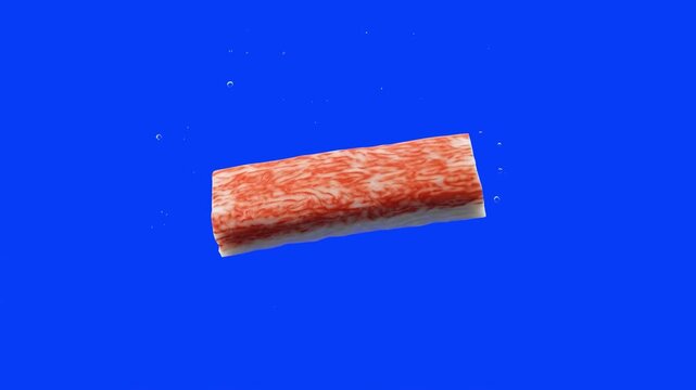 Detailed 3D model of a single red and white crab stick (surimi seafood), isolated on a solid bright blue background. Ideal for culinary promos, seafood product ads, sushi menu graphics, food video com