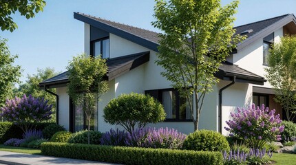 Fototapeta premium Modern suburban house exterior with sloped roof, gutter system. Green landscaped garden features blooming lilac flowers, small bushes. Residential building architecture design set in peaceful