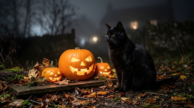 Black cat sitting beside glowing Halloween pumpkins, mysterious night atmosphere, foggy background, realistic animal photography