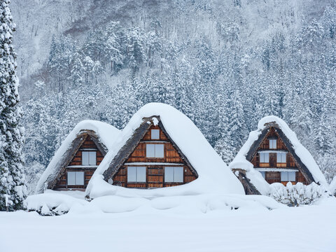 岐阜_積雪する白川郷合掌集落の風景