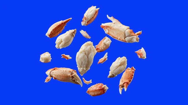 Juicy pieces of fresh crab meat and crab claws falling through the air, isolated on a chroma key blue screen background. Perfect for seafood restaurant commercials, gourmet food visual effects, culina