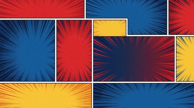 Comic book panels with radial lines and halftone dots. Bold colors red blue yellow create dynamic action speed burst effect background for graphic novel or cartoon art.