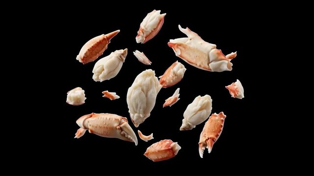 Fresh crab meat chunks and claws floating and falling through space against a dark black background. Perfect for seafood restaurant promo videos, culinary commercials, and food motion graphics.