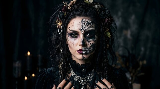Halloween makeup portrait of a person with creative face paint, dramatic lighting, professional fashion photography, dark background