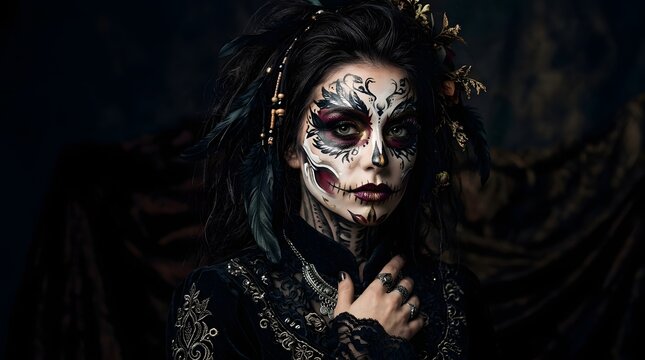 Halloween makeup portrait of a person with creative face paint, dramatic lighting, professional fashion photography, dark background