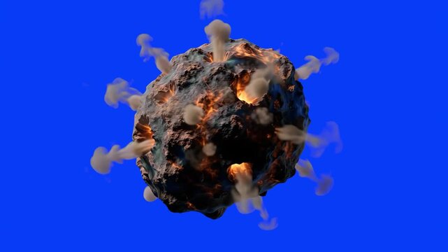 A dramatic 3D render of a molten, burning space asteroid covered in glowing lava cracks and emitting smoke plumes, isolated on a bright blue chroma key background. Perfect for sci-fi space films, disa