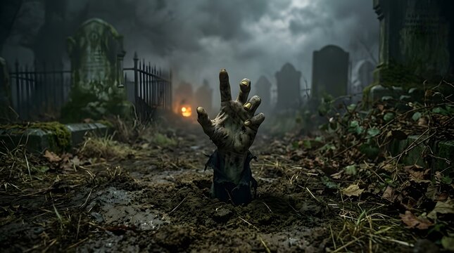 Zombie hand emerging from the ground on Halloween night, foggy cemetery background, cinematic horror scene, realistic special effects