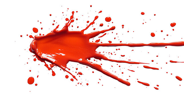 Bright red splattered paint against a stark black background, creating a dynamic form