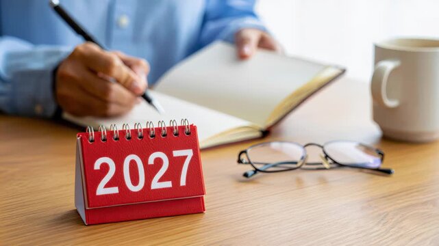Calendar 2027 wooden desk with open notebook, writing pen, coffee cup, glasses, yearly planning, schedule organization, office productivity, goals preparation, agenda tasks, time management