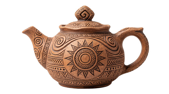 Handcrafted terracotta teapot with tribal sun carvings, rustic clay tea kettle with ethnic patterns, traditional ceramic pottery for kitchen decor
