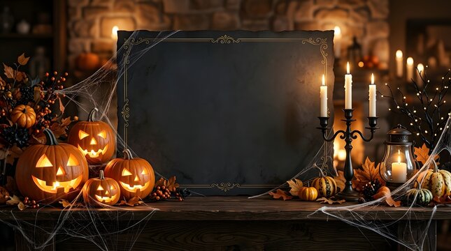 Halloween invitation background with pumpkins, candles, spider webs and empty space for text, elegant holiday design, high resolution