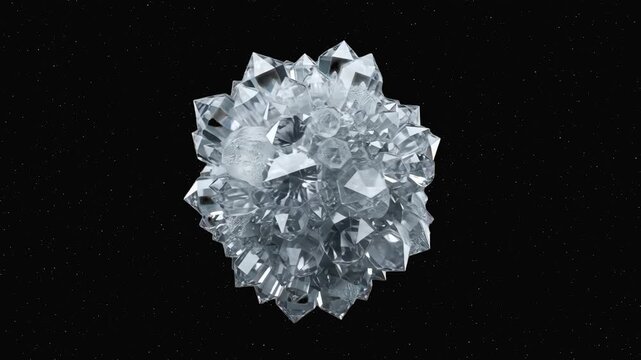 High-contrast 3D model of a spherical crystal cluster geode with sharp glowing facets, isolated against a solid pitch-black background. Ideal for magic fantasy scenes, luxury jewelry visuals, sci-fi p