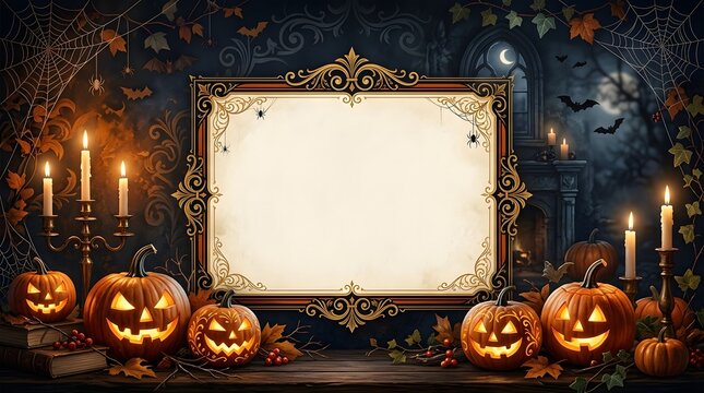 Halloween invitation background with pumpkins, candles, spider webs and empty space for text, elegant holiday design, high resolution