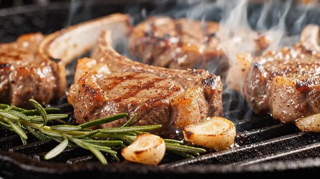Juicy Ribeye Steak Sizzling on Hot BBQ Grill with Rosemary