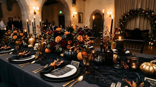 Halloween wedding decoration with black and orange flowers, pumpkins, candles and elegant table setting, romantic gothic style