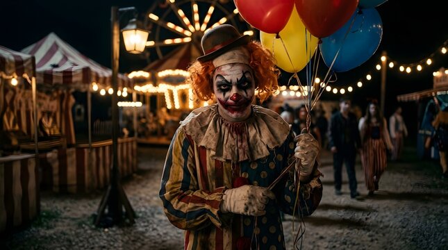Scary clown costume for Halloween with colorful makeup, balloons and carnival background, dramatic cinematic lighting