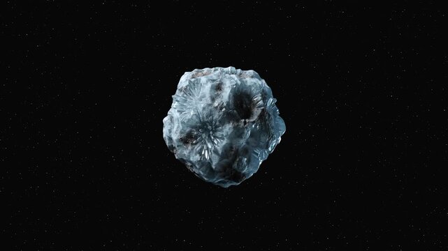 A 3D render of a cratered ice asteroid or frozen meteoroid rock floating in outer space against a black background. Great for astronomy documentaries, space exploration videos, and sci-fi film visual 