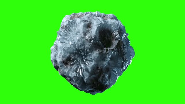 Detailed 3D model of a frozen ice asteroid meteorite covered in craters and frost, isolated on a bright green screen chroma key background. Perfect for sci-fi space videos, VFX compositing, cosmic gam