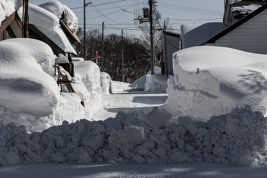 Narrow Snow Covered Residential Street in Niseko Hokkaido