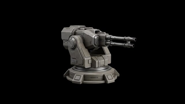 A metallic 3D sci-fi defense turret featuring dual barrels mounted on a stationary base against a black background. Ideal for video game design, futuristic military animations, and sci-fi visual effec