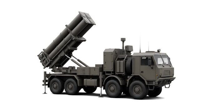 A 3D render of an army heavy missile defense truck with raised rocket tubes against a clean white background. Perfect for defense industry presentations, news broadcasts, and military documentary grap