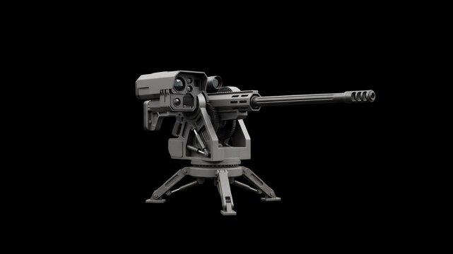 A detailed 3D rendering of a heavy military robotic artillery gun turret on a tripod mount against a dark background. Ideal for sci-fi video games, defense technology videos, and action visual effects