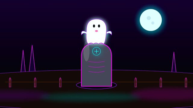 a whimsical ghost pops out of a graveyard grave in this animation perfect for your halloween cyberpunk makeup video project featuring vibrant neon lit scenery