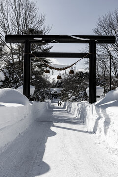 Snow Covered Torii Gate and Shrine Path in Niseko Hokkaido