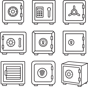 A collection of black and white line art icons depicting various types of metal safes.