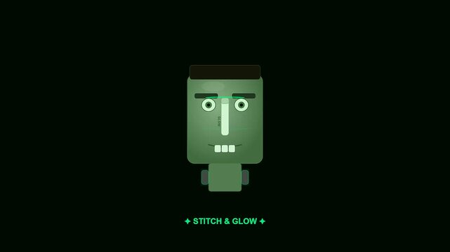 Animated square monster character displays halloween cyberpunk makeup transitions during a digital sequence shown across three distinct frames featuring glowing green facial stitch lines and textures