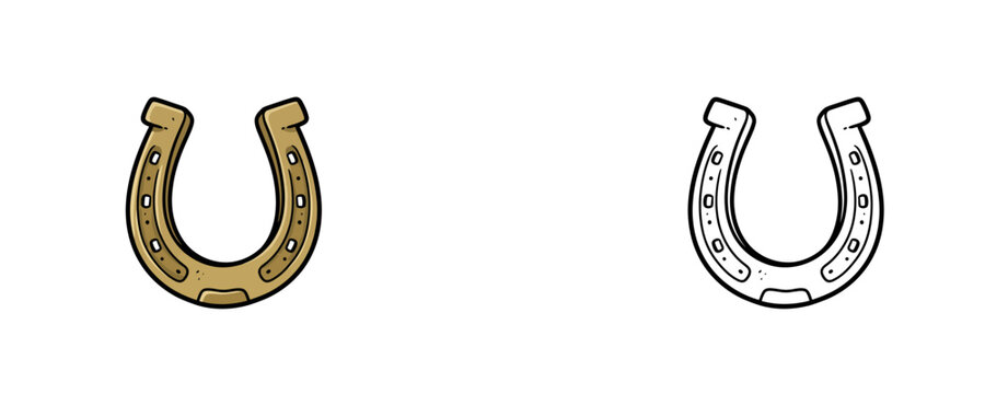 Gold metal horseshoe symbol of good luck in flat colored cartoon and black line art style isolated on white background for lucky equestrian theme design