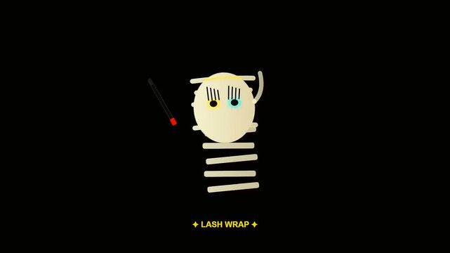 Animated mummy character applying cyberpunk makeup for a festive halloween look using an applicator tool in a simple sequence of visual steps on dark void