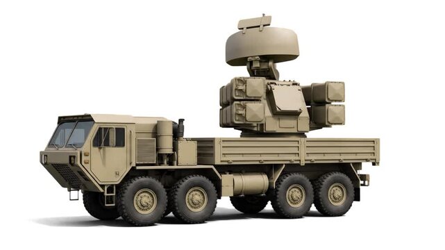 Side view of a desert-colored Pantsir S1 mobile air defense system truck with radar and missile launcher modules, isolated on a clean white background. Great for defense industry presentations, milita