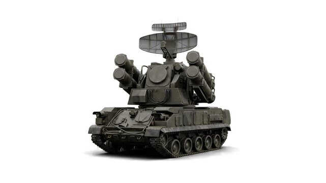 A detailed 3D model of a Tunguska M1 mobile air defense system equipped with radar dishes and anti-aircraft missile launchers, isolated on a clean white background. Perfect for military history docume