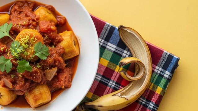Traditional Matoke Stewed Plantains with Tomatoes and Onions on Warm Yellow Background with Copy Space
