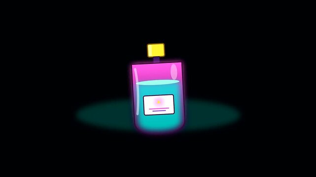 Neon glass potion bottle glowing with halloween aesthetics and cyberpunk makeup style light effects arranged in sequence against a dark pitch black atmospheric space studio setting