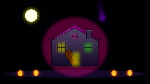A mystical nocturnal scene depicts a glowing dwelling house decorated with vibrant halloween motifs and cyberpunk makeup aesthetics while the central entrance door opens repeatedly in sequence