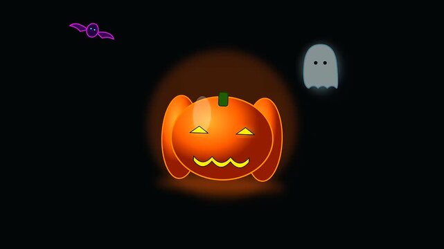 vibrant orange glowing jack o lantern pumpkins float in dark void featuring eerie ghost figures and tiny purple bats inspired by festive cyberpunk makeup aesthetics
