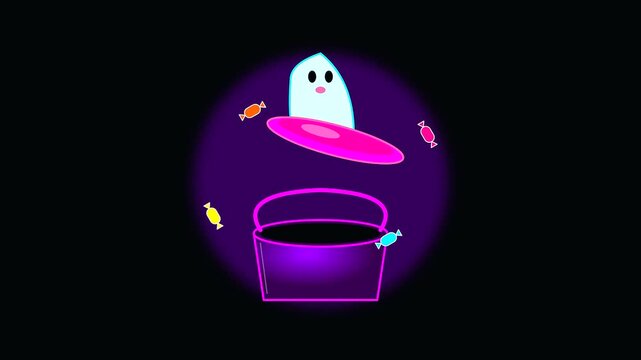 Neon ghost lifting a bucket lid to reveal hidden candy treats during a playful halloween event scene featuring aesthetic cyberpunk makeup art in dark violet illumination