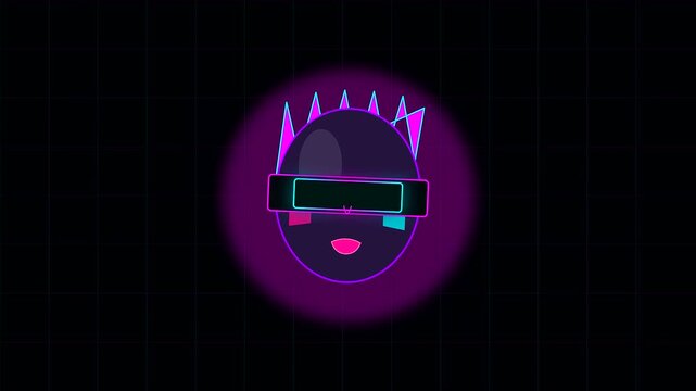 a stylized avatar with glowing neon cyberpunk makeup performs a rhythmic animation during a dark halloween celebration within a digital environment featuring vibrant magenta circular light effects