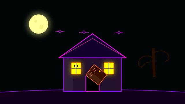 A mystical house with floating doors and cyberpunk makeup aesthetic illuminated by a bright glowing moon within a dark surreal setting featuring strange nighttime atmospheric elements