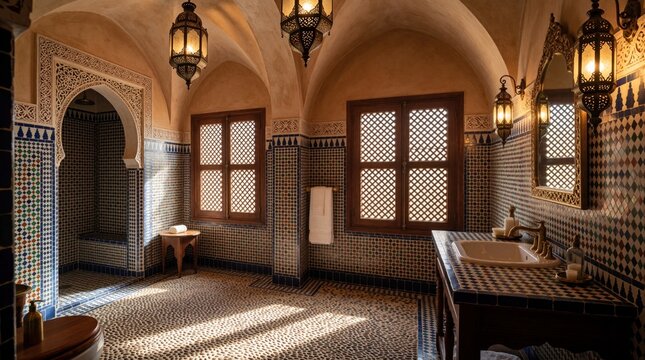 Luxury traditional Moroccan bathroom with ornate zellige tilework, mosaic pebble floor. Brass lanterns hang from vaulted ceiling in elegant riad interior. Wooden window shutters filter sunlight into