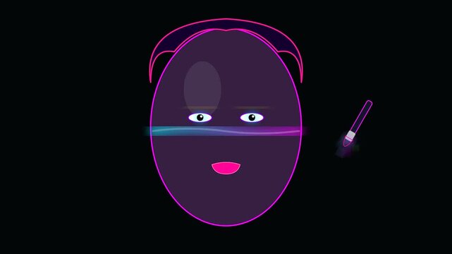 Digital animation showing a stylized face applying glowing neon cyberpunk makeup for a spooky halloween aesthetic with smooth motion paths across three distinct purple head frames