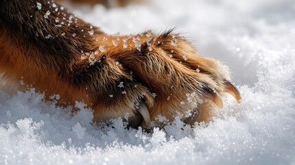 Fototapeta premium Macro shot of red fox paw on white snow ground. Sharp claws of wild animal visible in cold winter weather condition. Brown orange fur texture contrast against icy crystals. Detailed wildlife