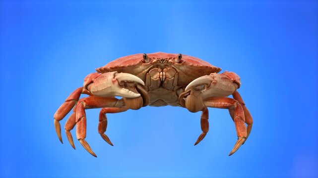 Detailed 3D render of a dancing red crab clacking sea shells in a playful rhythmic performance, isolated on a bright solid blue background. Ideal for oceanography promos, summer beach event banners, k