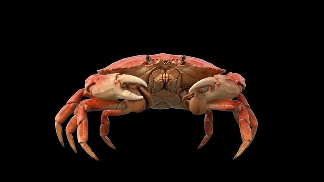 High-contrast 3D model of a red sea crab dancing and clacking sea shells with its claws, isolated against a solid pitch-black background. Excellent for cinematic comedy teasers, party promos, high-con