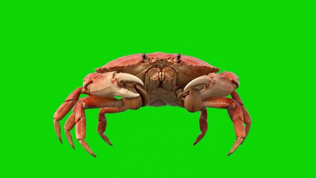Humorous 3D render of a cheerful red sea crab performing a rhythmic dance, actively clacking two sea shells together, isolated on a bright green screen chroma key background. Perfect for funny seafood