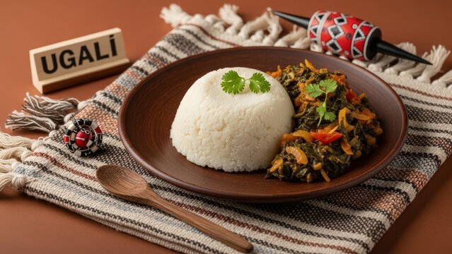 Traditional Ugali Cornmeal and Sukuma Wiki Collard Greens on Earth Brown Background with Copy Space