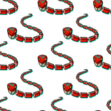 Red plastic toy segmented snake cartoon seamless pattern on on isolated transparent background.