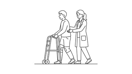 Obraz premium A line art illustration showing a physical therapist assisting a patient using a walker for mobility rehabilitation.